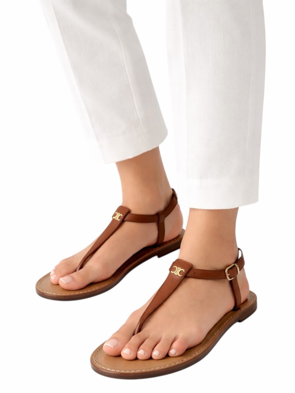 Celine Triomphe Thong Leather Flat Sandal Ankle Strap Brown Size 36
